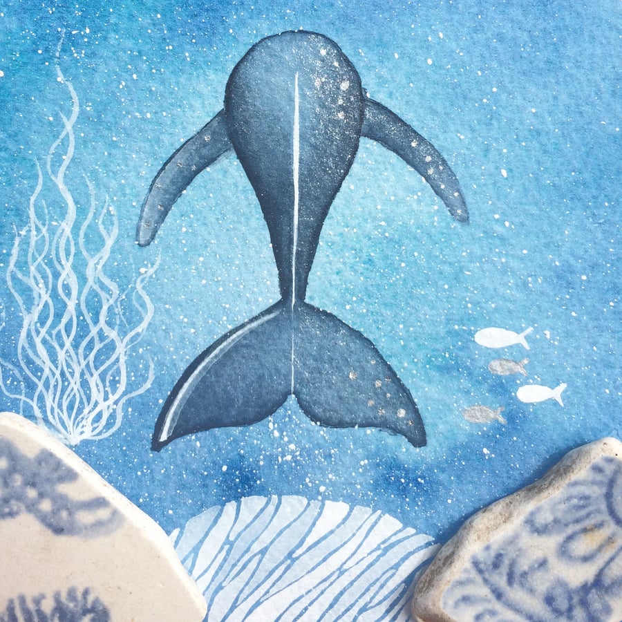 Blue Whale Underwater Sea Painting - Original Framed Watercolour & Beach Pottery
