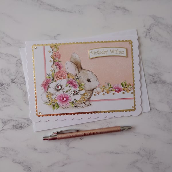 Birthday Wishes Bunny Rabbit Flowers 3D Luxury Handmade Card