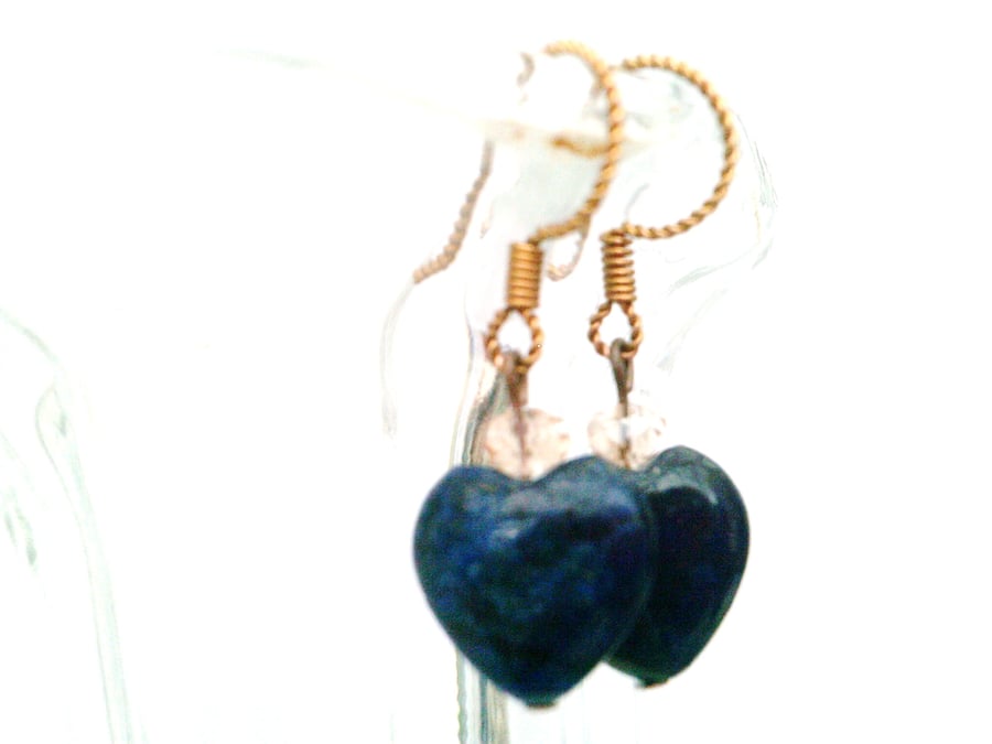 Blue Lapis Lazuli Heart Earrings, Dangle Copper and Heart Gemstone Earrings