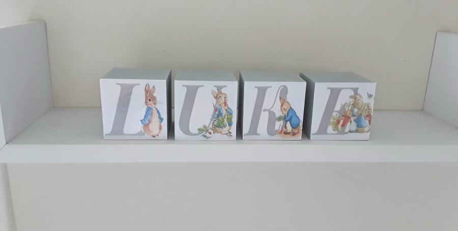 Grey Peter Rabbit Wood Blocks,Personalised Blocks,Nursery Decor,Beatrix Potter B