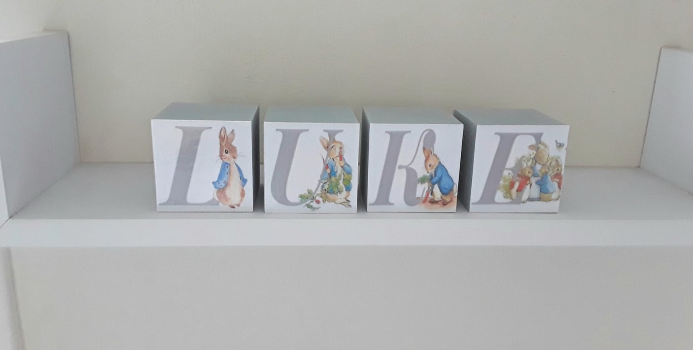 Grey Peter Rabbit Wood Blocks,Personalised Blocks,Nursery Decor,Beatrix Potter B