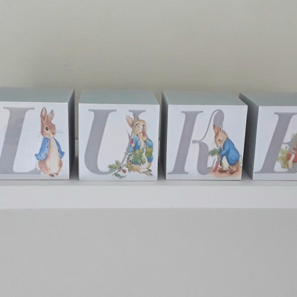 Grey Peter Rabbit Wood Blocks,Personalised Blocks,Nursery Decor,Beatrix Potter B