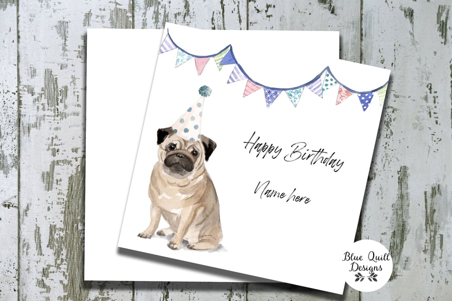 Party Pug Watercolour Print Personalised Birthday Card