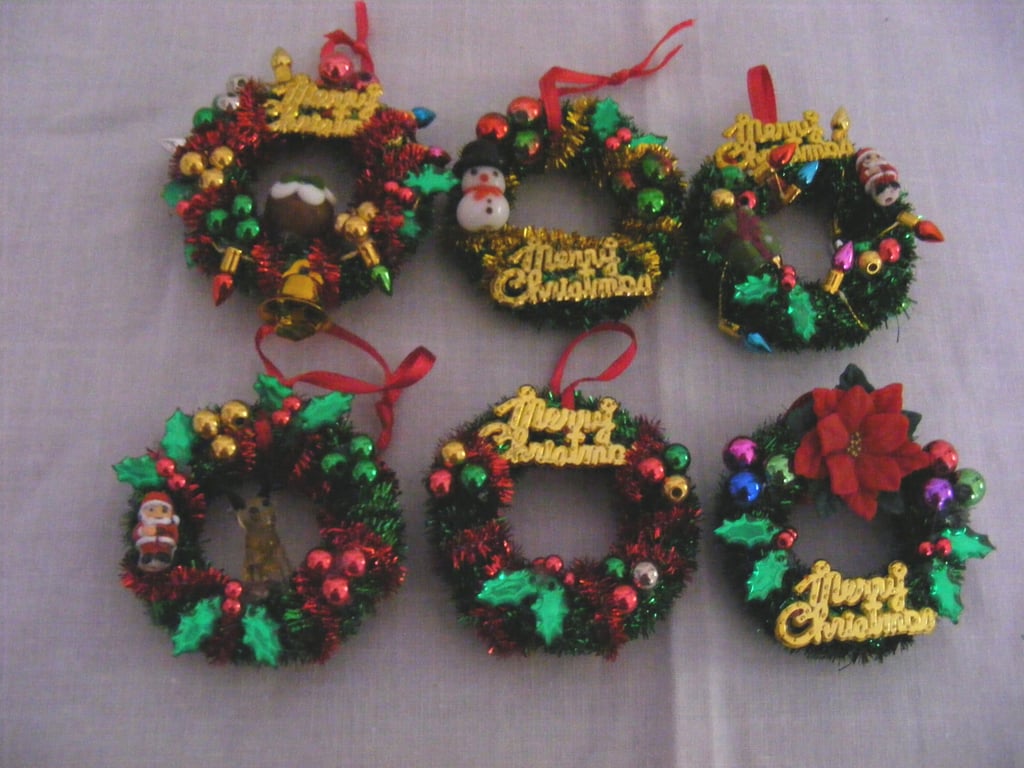 Handmade set of 6 mini Christmas wreath tree decorations.