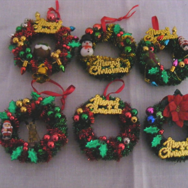 Handmade set of 6 mini Christmas wreath tree decorations.