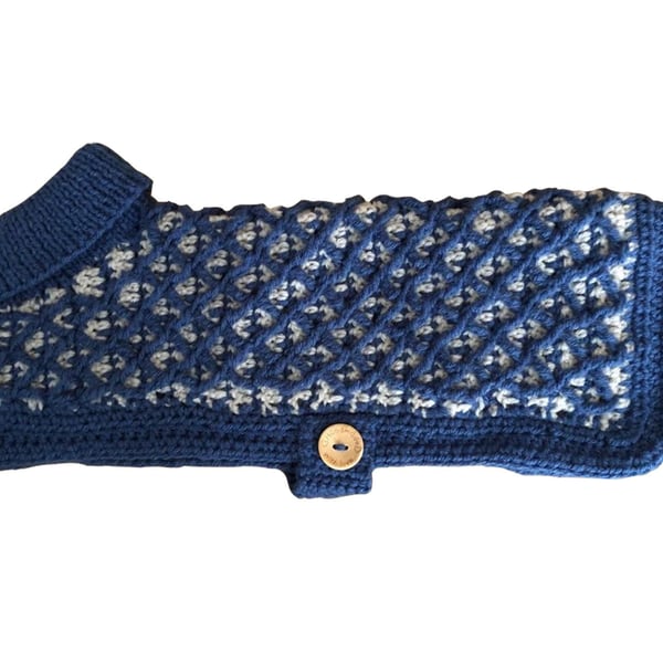 Medium Size Crochet Dog Coat With Blue Diamond Pattern