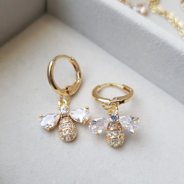 Sparkling Mega Bling Crystal Bee Gold Hoop Earrings