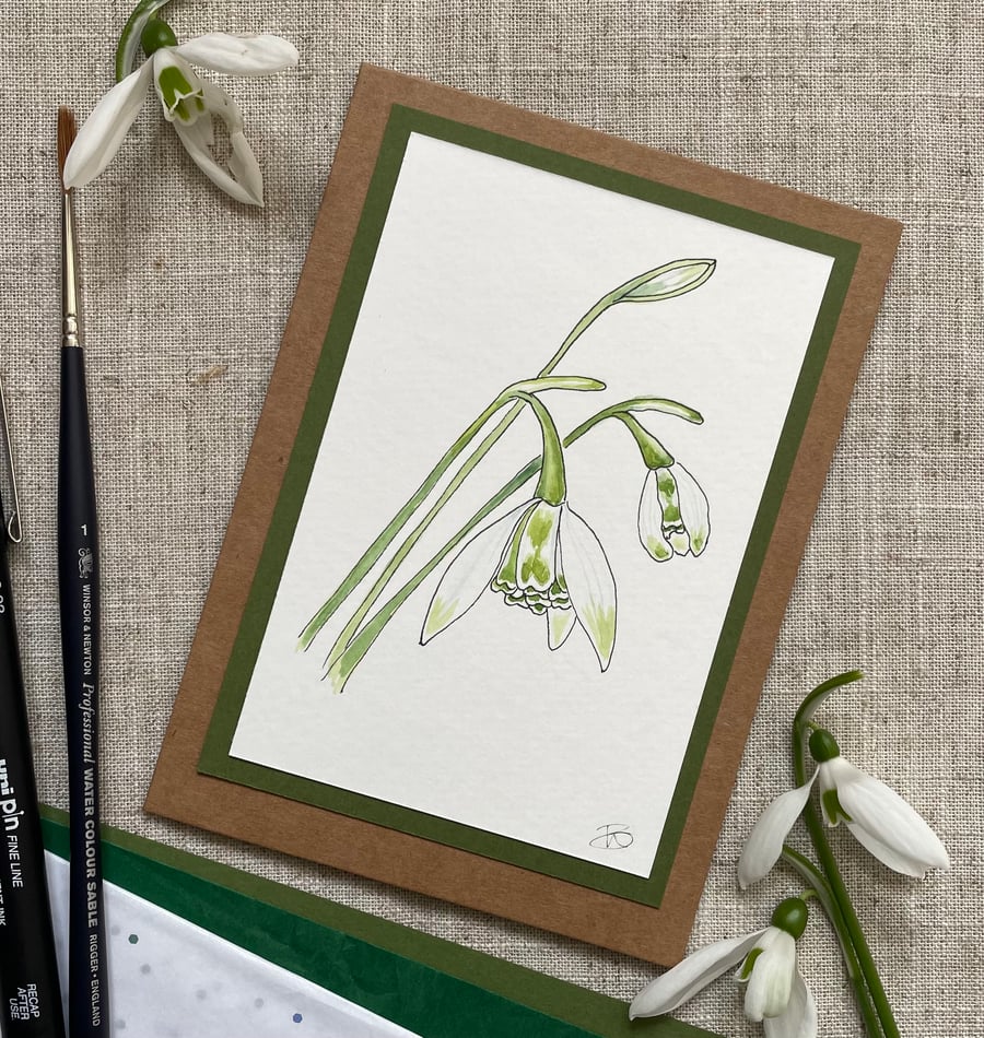 Card, blank greeting card, hand painted Snowdrops, original artwork. 