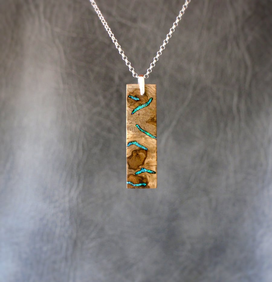 Bar Pendant With Opal Stone Inlay & Sterling Silver Chain