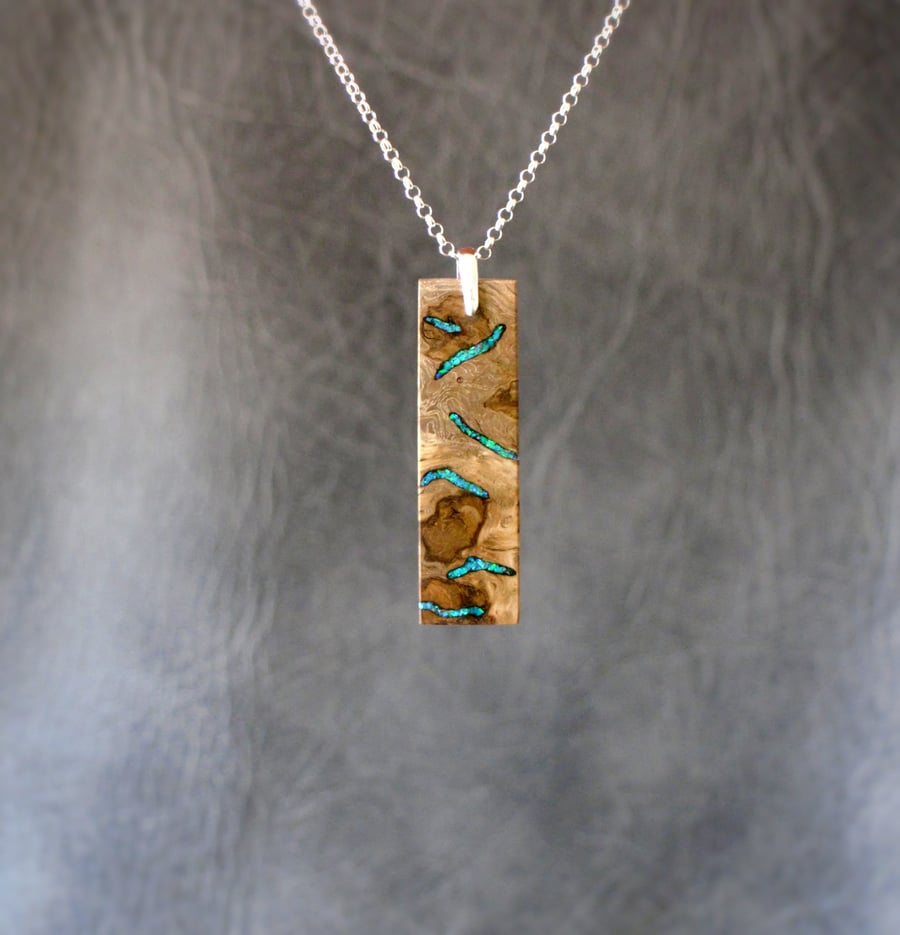 Bar Pendant With Opal Stone Inlay Sterling Silver Chain