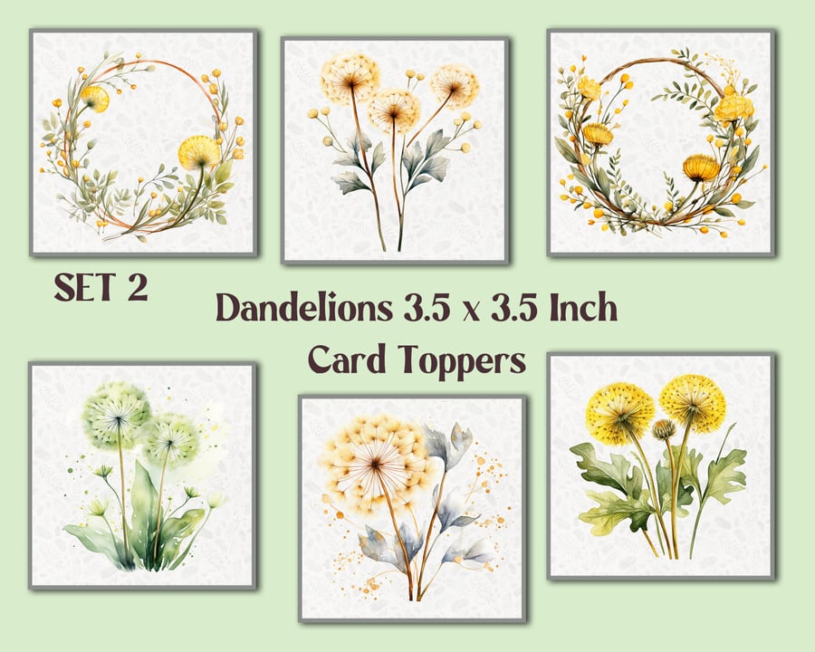 Dandelions Set of 6 Square Card Toppers for Card Making, Tags