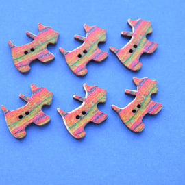 Wooden Scottie Dog Buttons Orange Green Purple 6pk 28x20mm Scotty Puppy (DG26)