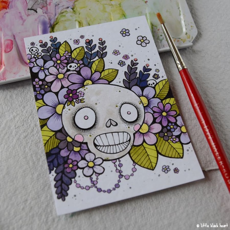 spring skull - original aceo