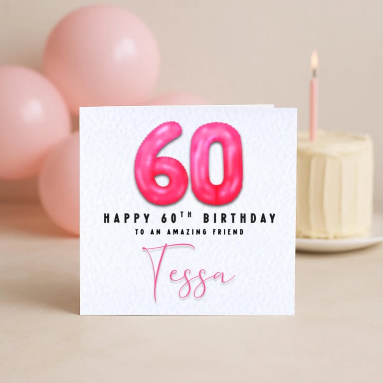 60th Birthday Card – Pink Foil Balloon Number – Milestone Birthday Card