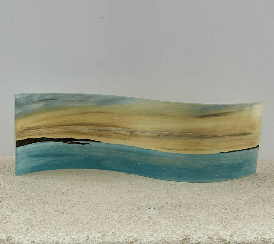 Hand painted fused glass sunset over the ocean freestanding wave panel