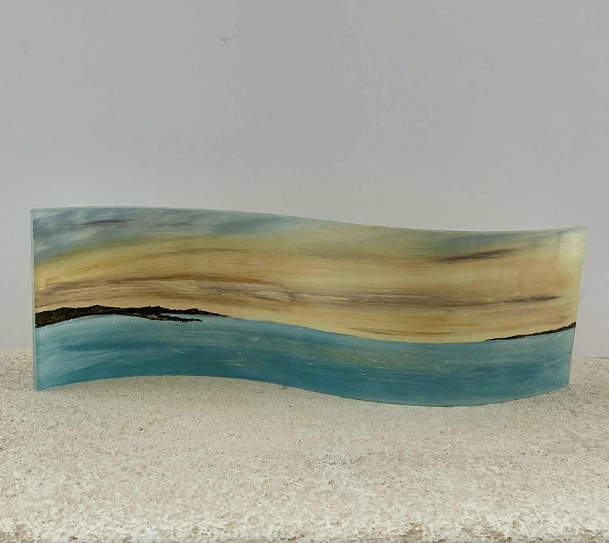 Hand painted fused glass sunset over the ocean freestanding wave panel