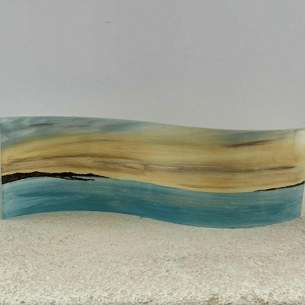 Hand painted fused glass sunset over the ocean freestanding wave panel