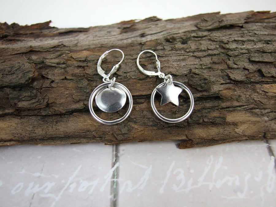 Sterling Silver Earrings, Moon and Star Hoop Dangle Earrings