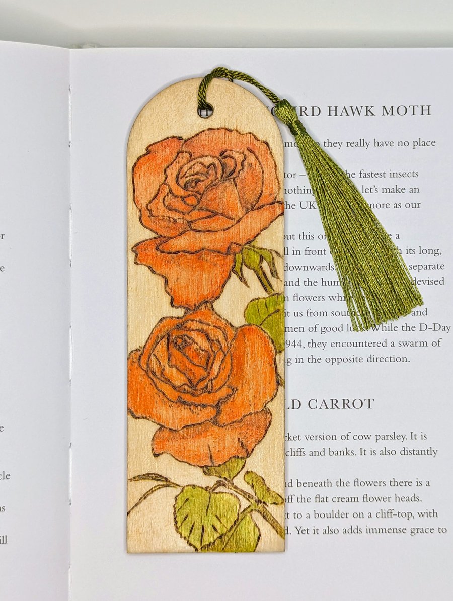 Wooden bookmark with pyrography roses, handpainted 