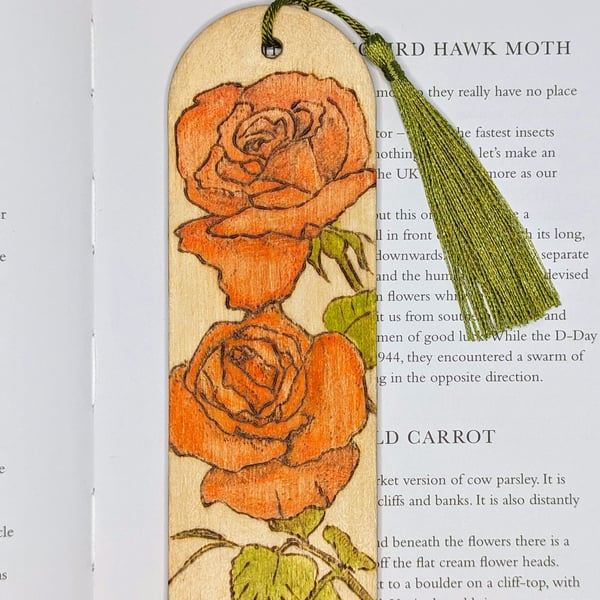 Wooden bookmark with pyrography roses, handpainted 