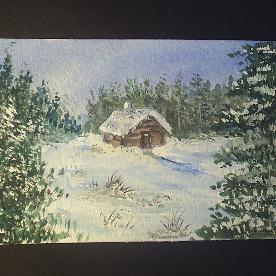 aceo SFA original miniature watercolour painting snow scene