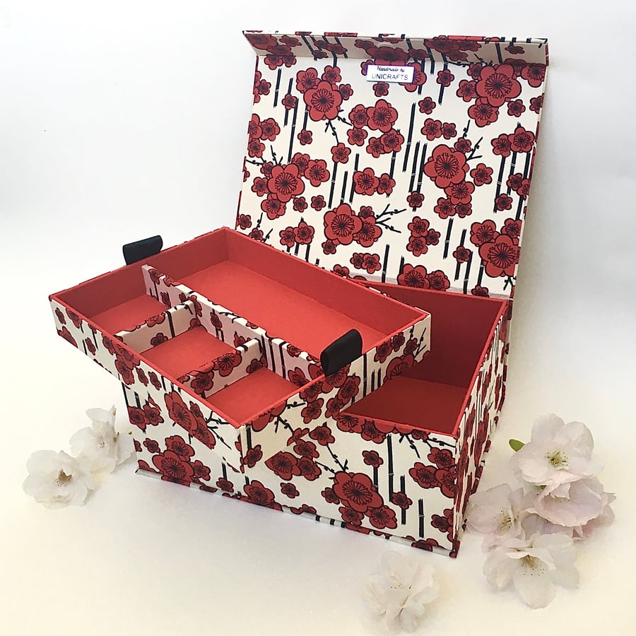 Red Blossom Handmade Fabric Covered Organiser with Removable Tray 