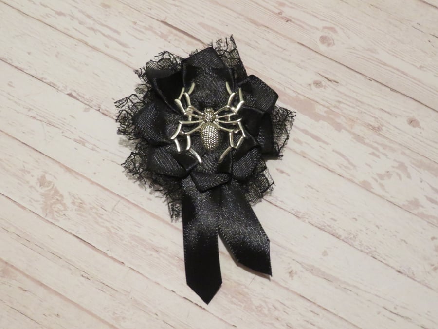 Black Lace and Satin Ribbon Ruffle Rosette Silver Spider Brooch Pin 