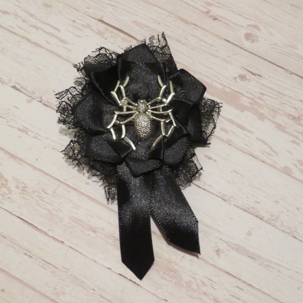 Black Lace and Satin Ribbon Ruffle Rosette Silver Spider Brooch Pin 