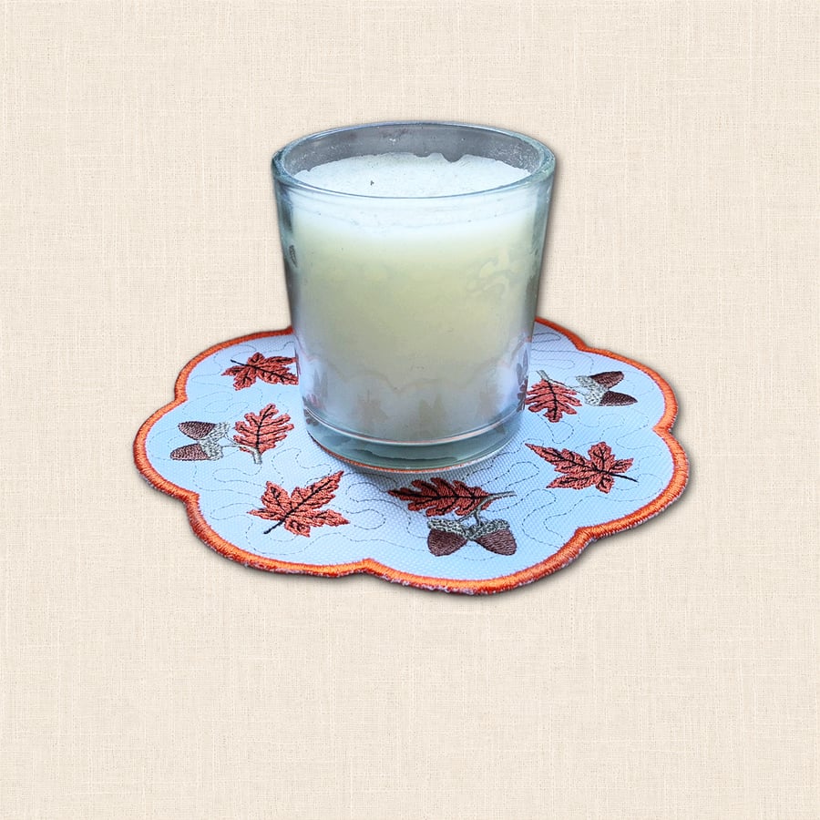 Autumn Acorn and Leaf Candle Mat - Embroidered Woodland Home Decor