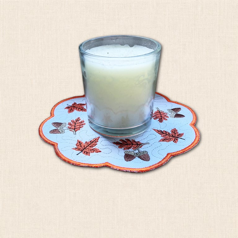 Autumn Acorn and Leaf Candle Mat - Embroidered Woodland Home Decor