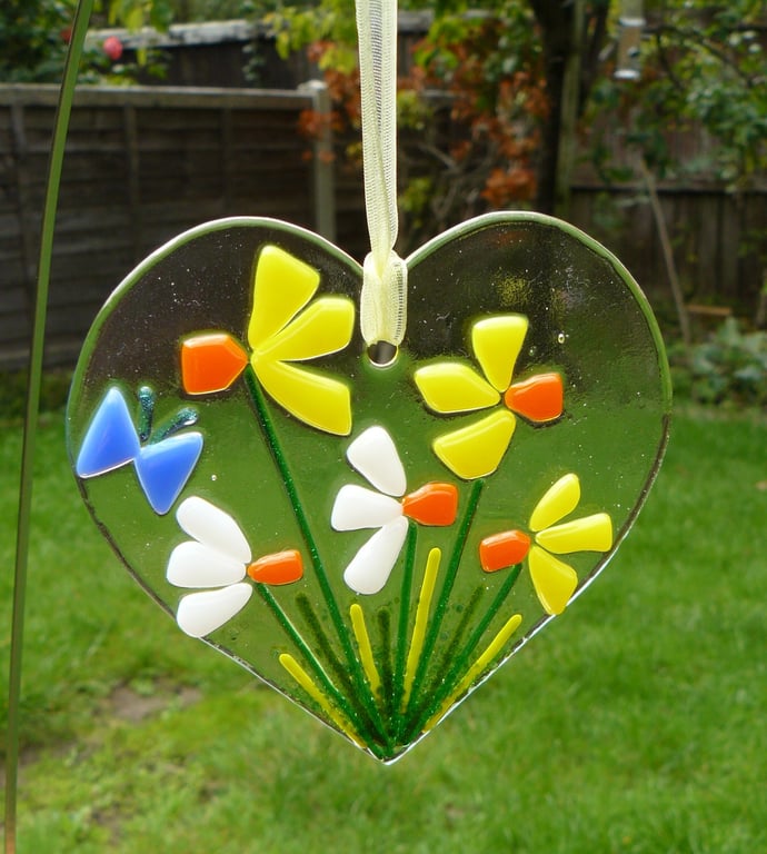 Fused Glass Heart Shaped Daffodil Hanging Decoration