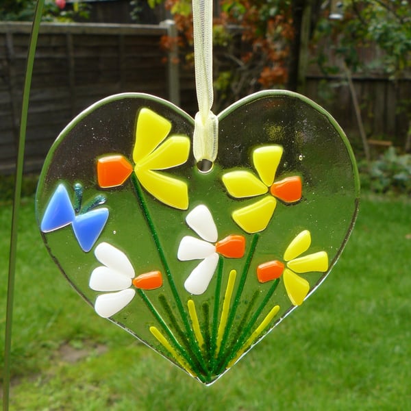 Fused Glass Heart Shaped Daffodil Hanging Decoration