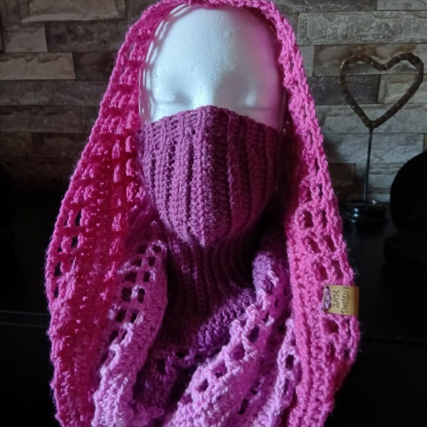 Crocheted Wasteland Hood Distressed Hooded Shawl Style Wrap - MAUVE PINK