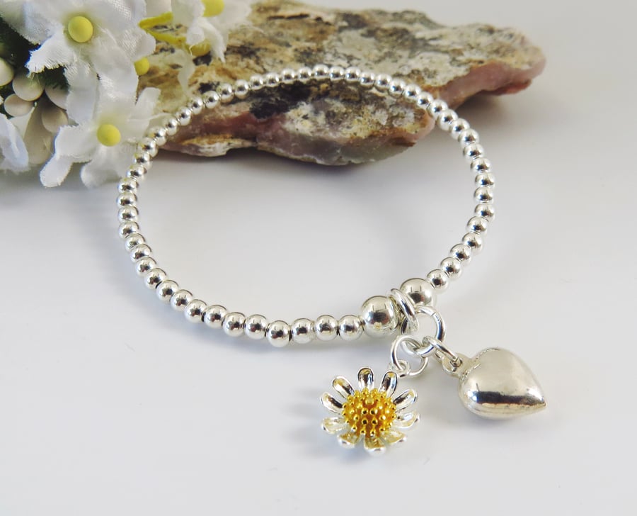 925 Sterling Silver Heart Daisy Charm Bracelet