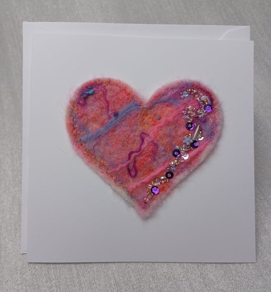 Pink heart greetings card, Wedding, Birthday, felt art, beads, Mum, unique