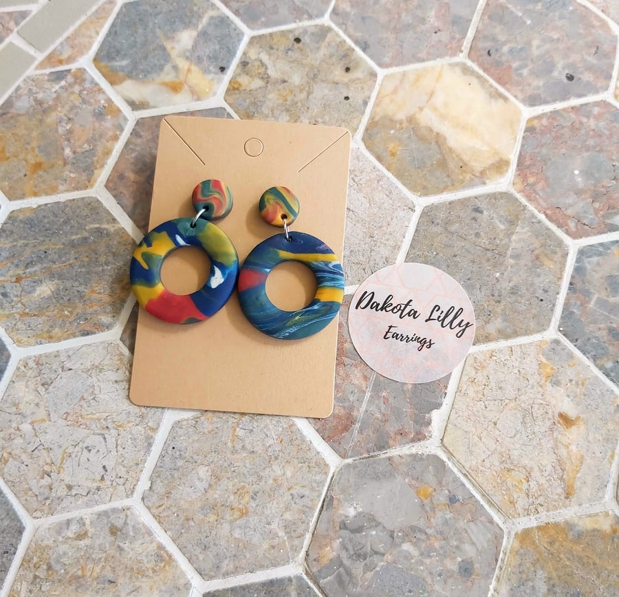 Multicoloured polymer clay, stud with drop earrings