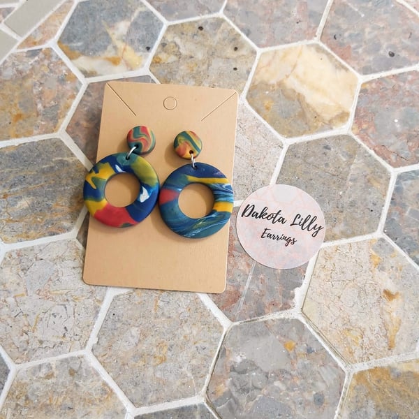 Multicoloured polymer clay, stud with drop earrings