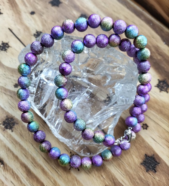 Purple rainbow stardust  miracle bead necklace with heart clasp