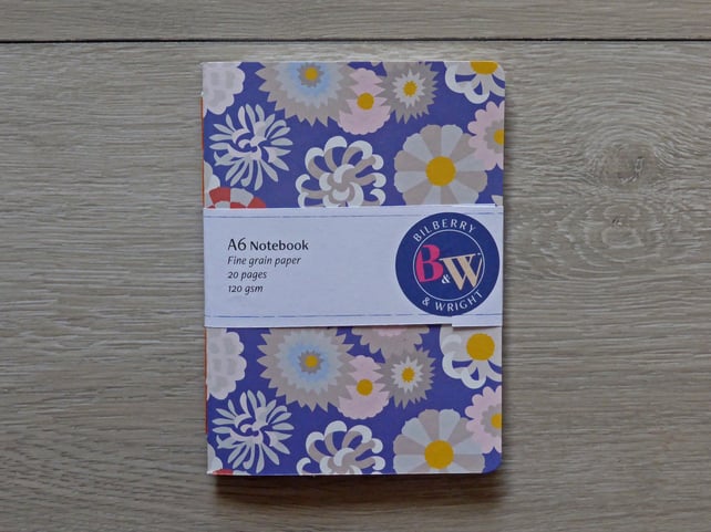 Handmade A6 notebook with a blue floral patterned cover
