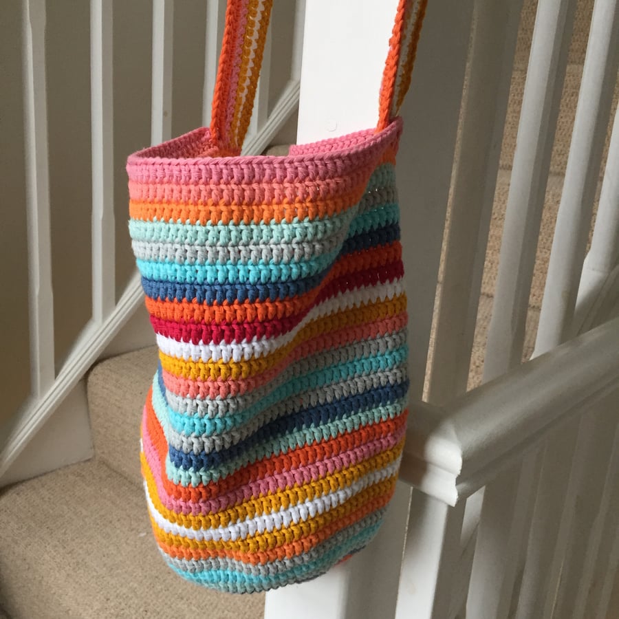 Orange and Blue Crochet Cotton Tote Bag, Shoulder Bag, Free UK Shipping