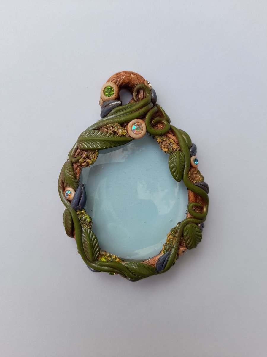 Blue Glass Obsidian and Polymer Clay Enchanted Garden Pendant