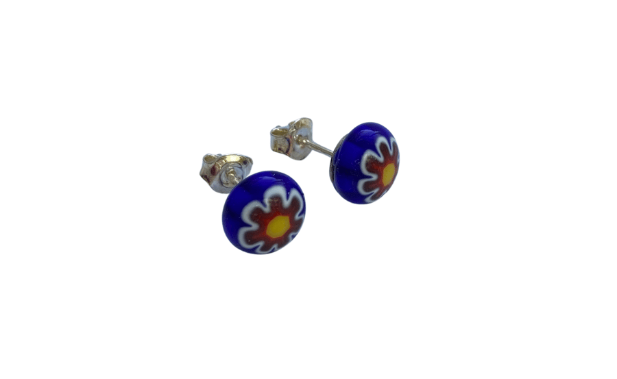 funky red & yellow flower fused glass earrings with cobalt blue and silver