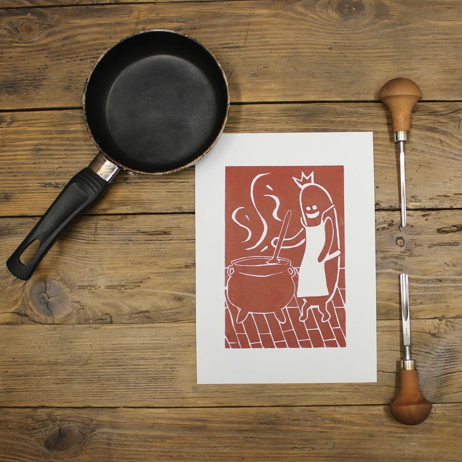The sausage A5 Lino print