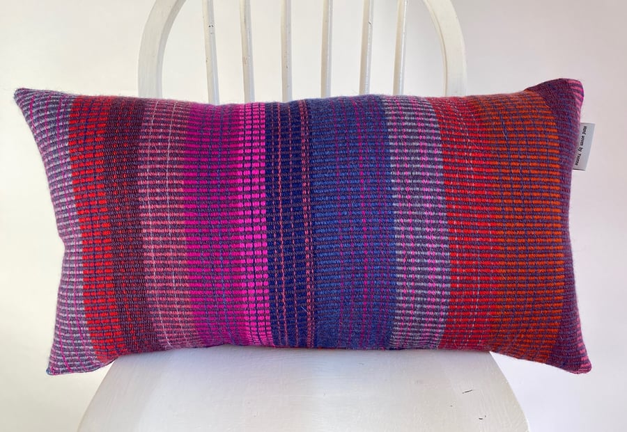 Hand woven cushion, designed and made using 100% wool by Yvonne Skelton