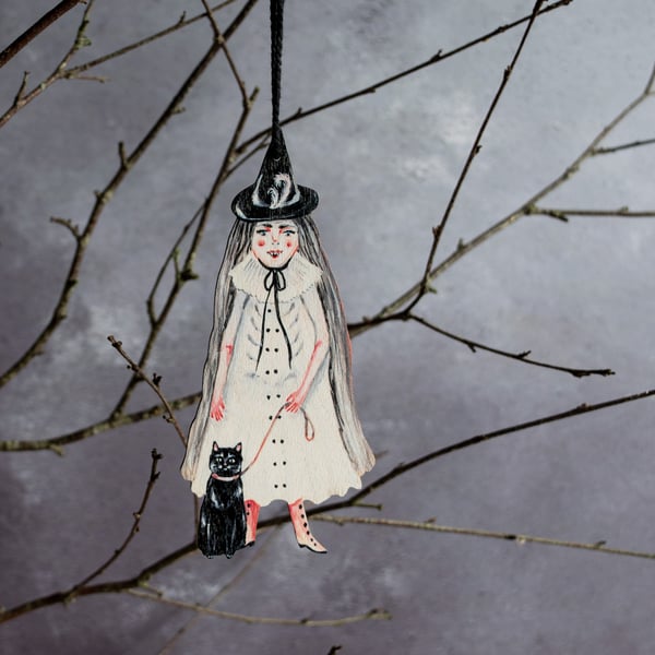 White witch wooden hanging ornament  