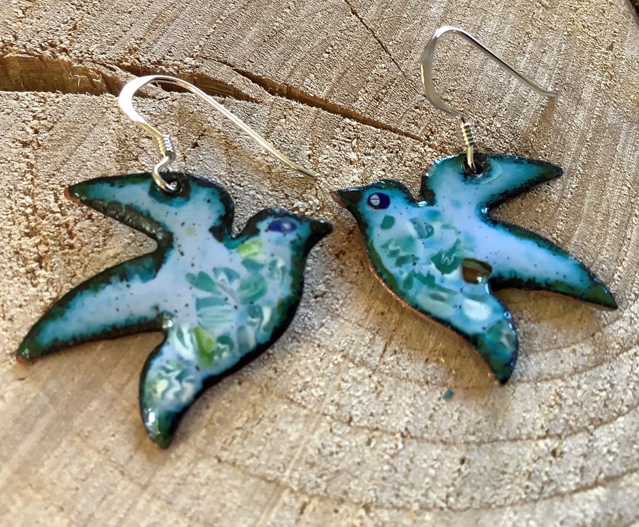 Blue enamelled copper bird dangly earrings on 925 silver hooks