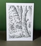 Woodland Sentinel Pencil Art Card: Blank or Personalised A6-Size Greetings Card