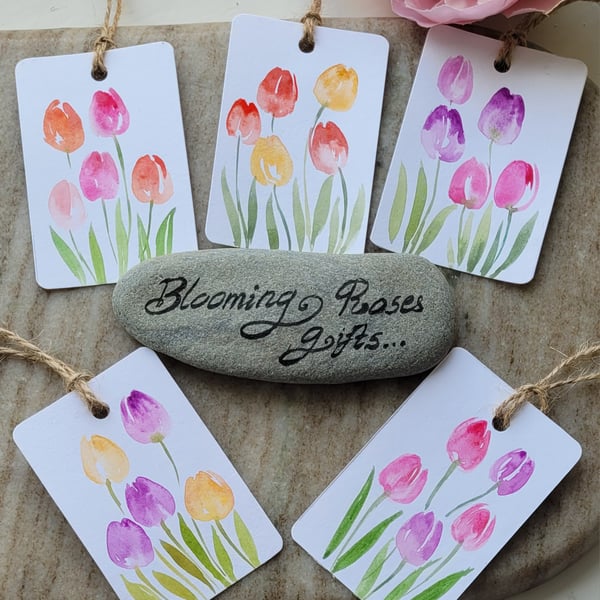 Hand painted original watercolor gift tags, spring flowers, tulips, set of 5