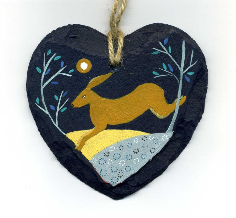 Slate Hanging Heart..Original painting of a hare