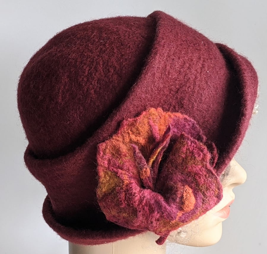 Deep red felted wool cloche hat